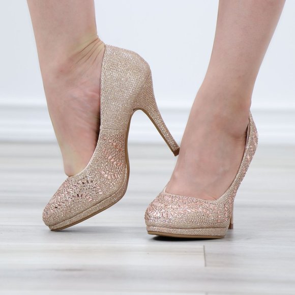 Sparkly Rose Gold Rhinestone Glitter Diamond Platform Slip On High Heel - Picture 11 of 14